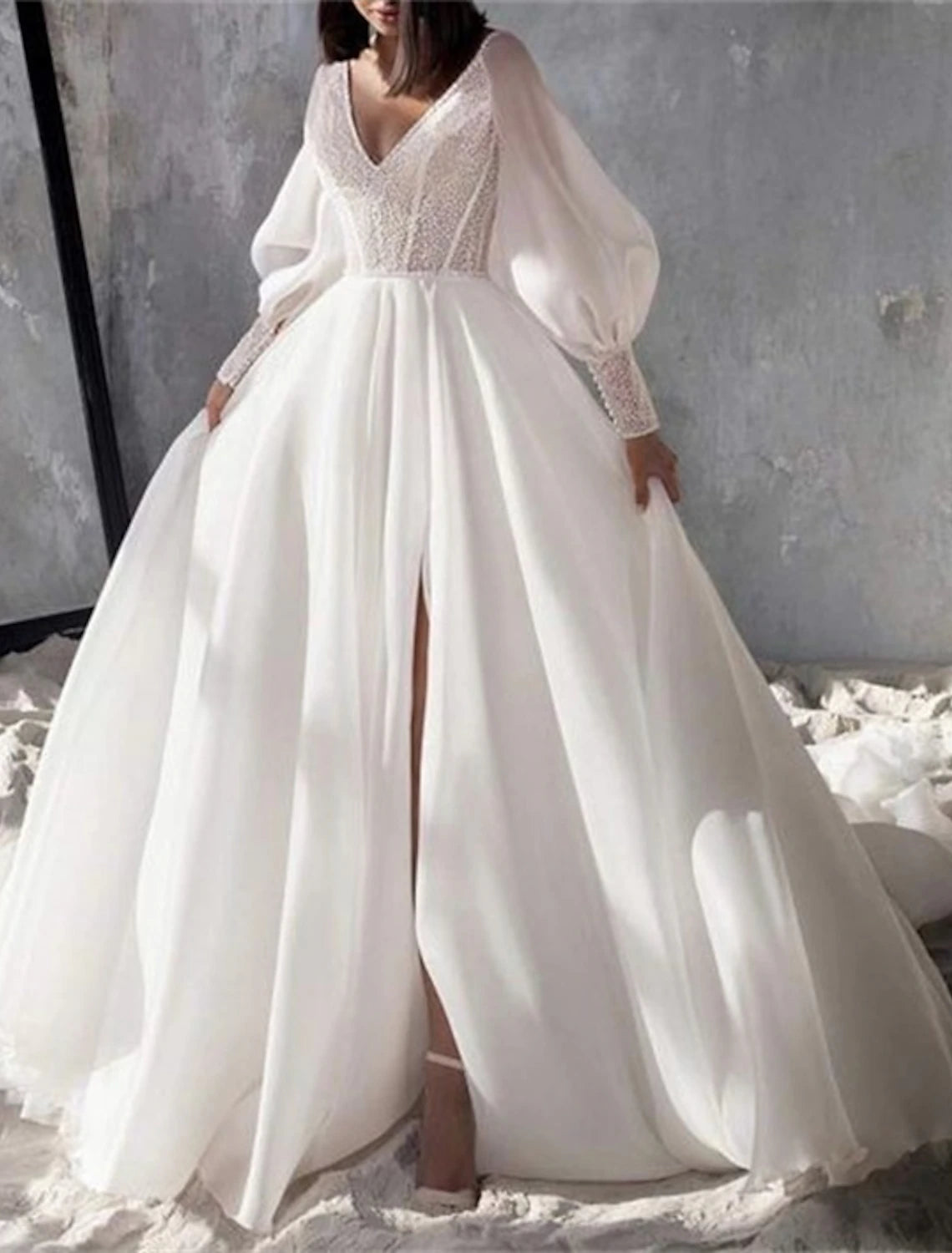 Wholesale Sparkle & Shine Formal Wedding Dresses A-Line V Neck Long Sleeve Chapel Train Organza Bridal Gowns With Split Front